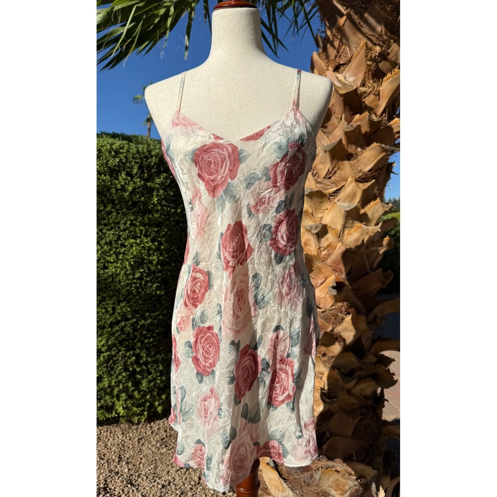 Vintage Silx by August Silk 100% Silk Slip Dress Medium Pink Floral Jacquard 90s